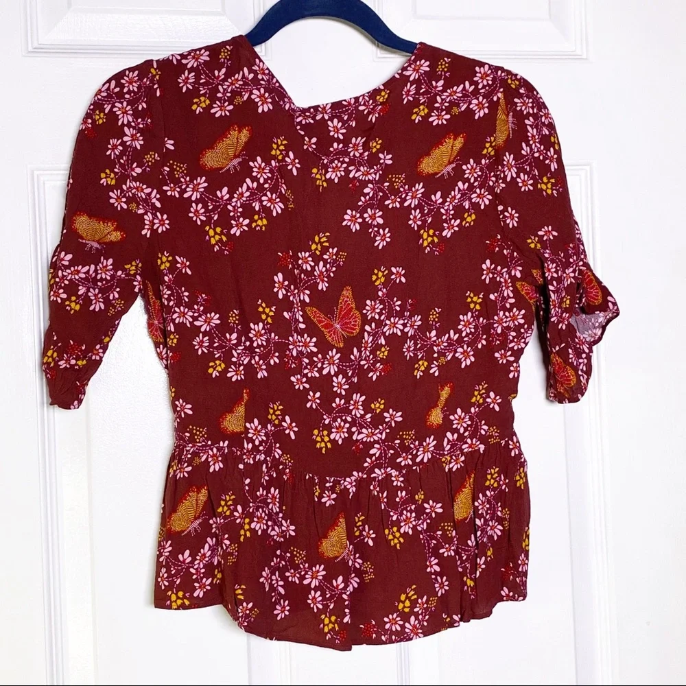 Madewell Tie Sleeve Wrap Top Butterfly Print - Picture 7 of 10